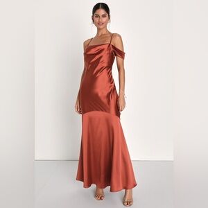 NWT Lulus Regal Essence Rust Satin Cowl Neck Cold-Shoulder Maxi Dress